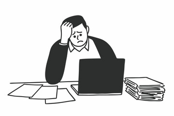 Small business owners are experiencing financial crisis, high costs, bank debt, overspending concept. A man sitting at a desk looking at a laptop screen while holding receipts feels desperate after ca