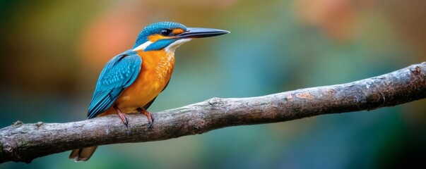 Obraz premium A colorful kingfisher bird perched on a smooth wooden branch