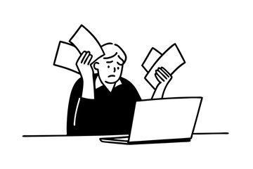 Small business owners are experiencing financial crisis, high costs, bank debt, overspending concept. A man sitting at a desk looking at a laptop screen while holding receipts feels desperate after ca