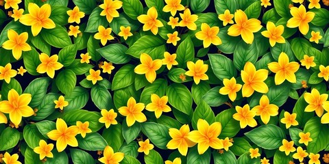Fototapeta premium Seamless spring pattern featuring vibrant green leaves and sunny yellow blossoms, pattern, chartreuse