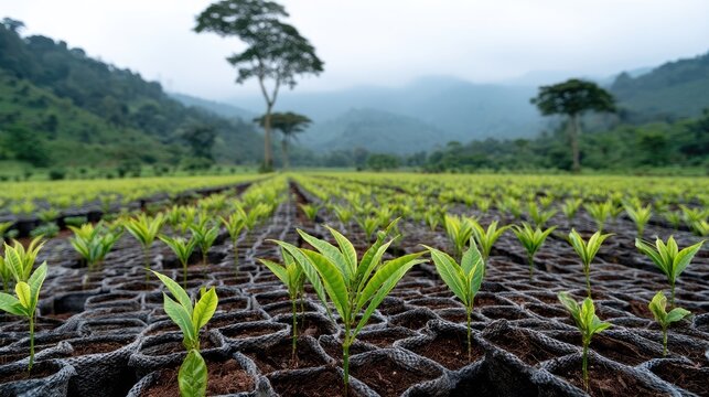 Coffee seedlings growing in a lush hillside nursery with a misty mountain backdrop during the early morning - Powered by Adobe