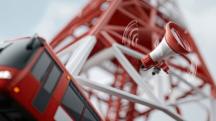 Red communication tower with a loudspeaker and a tram passing by under a clear sky in an urban setting