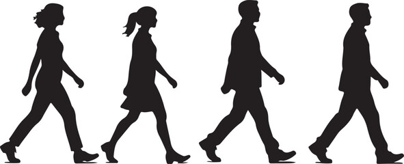 Four people walking in a line silhouette group