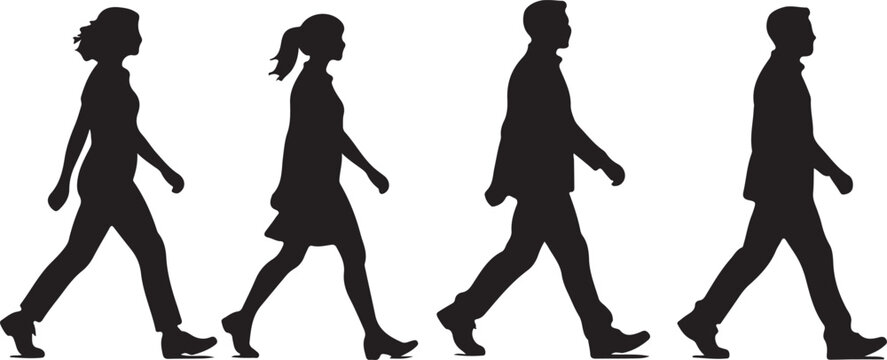 Four people walking in a line silhouette group