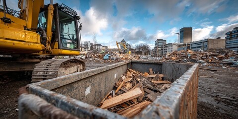 Fototapeta premium Scrap Wood and Metal in Construction Trash Bin with Yellow Heavy Machinery in Background – Industrial Cleanup Scene