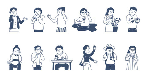 Doodle people with smartphones. Male female using mobile phones for talking, scrolling social media, messaging, searching internet, recent vector set