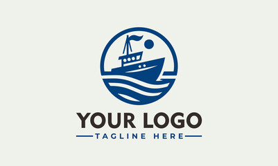 A stylized logo featuring a dark blue ship sailing on stylized ocean waves within a circle, with a tagline area below.