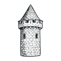 Obraz premium Exploring a historic castle tower in a medieval landscape architectural sketch artistic viewpoint. Vector illustration