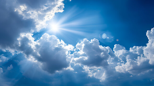 blue sky with clouds and sun rays with shiny bokeh lights,nature weather spring and summer day time social media background	