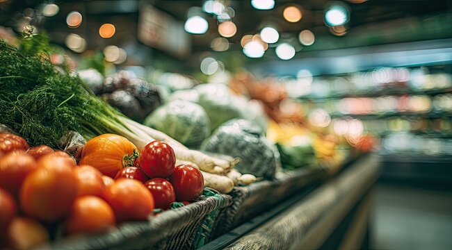 Fresh produce display in a grocery store. A close-up view of a market's produce section, featuring various fruits and vegetables. Blurred background shows the store's interior