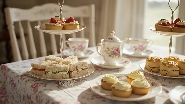 Elegant high tea setup with sandwiches, scones, cupcakes, and strawberry tarts