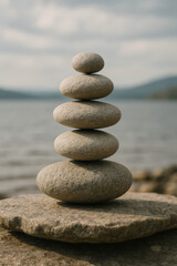 Balance stability harmony tranquility and calm bring a peaceful and serene stone stack near the lake under cloudy sky