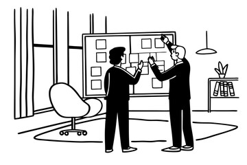 Two business professionals brainstorm and write ideas on a whiteboard in a contemporary office setting, focusing on teamwork and innovation