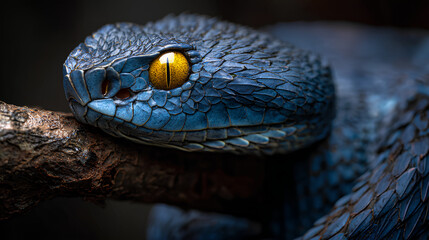 Fototapeta premium Blue Snake Resting on Branch with Striking Yellow Eyes Close Up