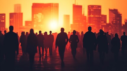 Silhouette crowd walking toward city sunrise