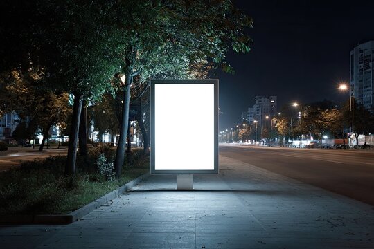 Blank billboard at night on a city street