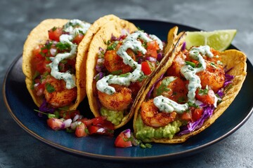 Three shrimp tacos topped with crema, pico de gallo, and cilantro