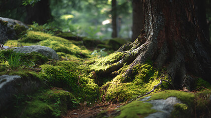 Obraz premium Vibrant green moss illuminated by sunlight on the forest floor near tree roots