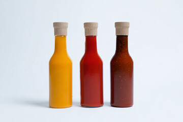 three bottles of sauce and ketchup on a white surface