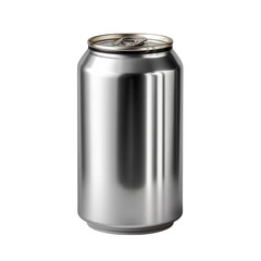 Shiny metallic silver beverage can with pull tab open isolated on transparent background