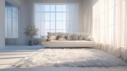White living room with large windows