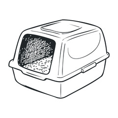 Cat litter box essentials home pet care indoor close-up cleaning and maintenance tips. Vector illustration