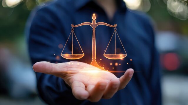 Glowing scales of justice held in hand, symbolizing fairness, law, and legal concepts