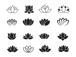Lotus Flower Icon Set. 16 Unique Floral Symbols for Graphic Design & Branding.