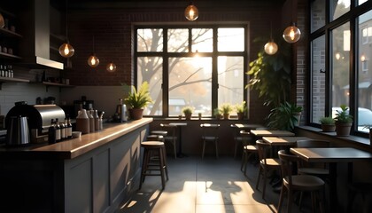 Abstract blurred interior of a rustic coffee shop cafe with exposed brick walls, warm lighting, golden hour, plants hanging from the ceiling.
