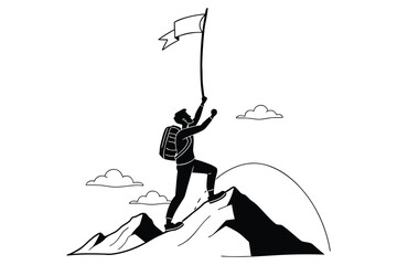 Flat silhouette of a mountain climber reaching the top