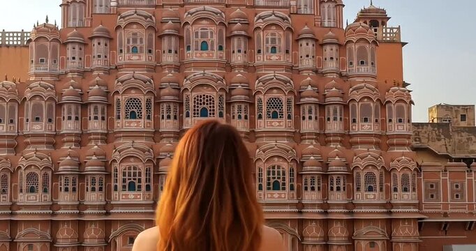 Woman looking at the ornate facade of hawa mahal palace in jaipur, india