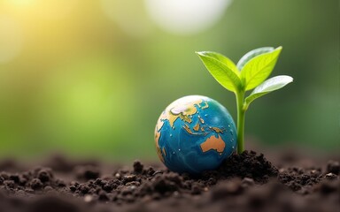 Miniature earth nestled in soil with growing green plant. Sustainable development and ecological awareness. Place for text. High quality