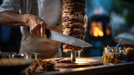 A Turkish chef slicing roasted doner kebab meat with sharp knife