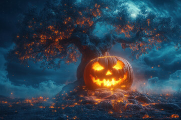 Naklejka premium Pumpkin in field with tree and full moon.