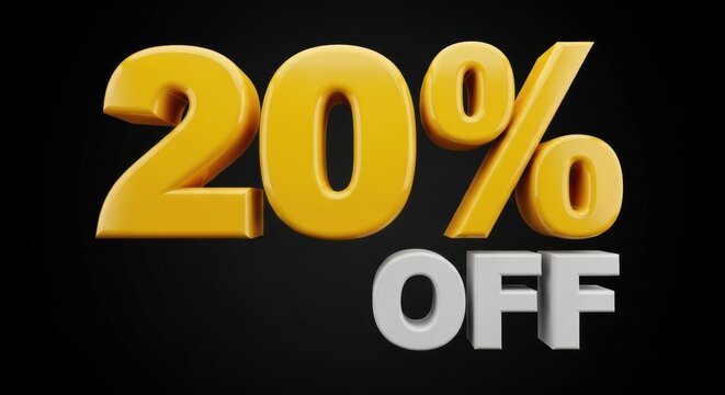 Glossy yellow 20 percent off text with white off text on black background