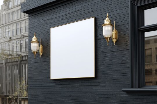 Blank sign on a dark brick storefront.  Two ornate gold sconces flank the sign.  City buildings and trees visible in the background - Powered by Adobe