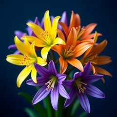 Obraz premium Six-Petaled Blooms with Water Droplets Radiate Freshness and Color Against Midnight-Toned Floral Canvas.