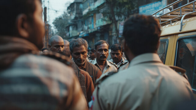Indian police officers guiding a group of Indian men into a police van during an official inquiry operation, early morning scene