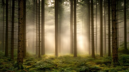 Forest with trees and a foggy mist