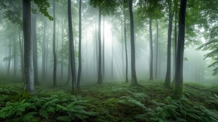 Fototapeta premium Forest with foggy trees and a sunbeam shining through the trees