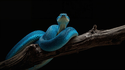 Fototapeta premium Blue Pit Viper Coiled on a Branch Against a Black Background snake