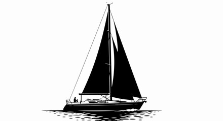 High-contrast black silhouette of a modern sloop yacht sailing, with a person at the helm and a stylized water reflection.