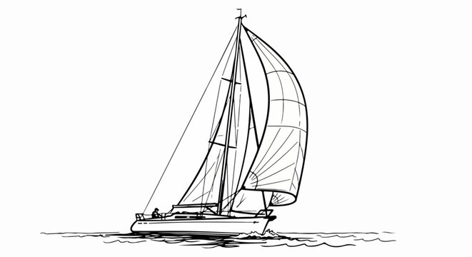 Hand-drawn sketch of a modern sloop sailboat with a full spinnaker sail, navigating the waves.