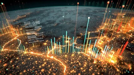 Futuristic global financial network map, glowing stock trading graphs pulsing major cities night view space, fast neon data lines, HUD overlays, fluctuating candlestick charts cities, cinematic, tech - Powered by Adobe