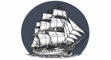 Majestic tall sailing ship with full sails, hand-drawn in a classic black and white engraving style.