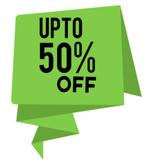 up to 50 percent off discount sticker, origami folded ribbon graphic, special promotion deal, price reduction for e-commerce websites