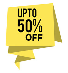 a high-quality up to 50% off vector tag, yellow and black typography, modern sale promotion banner for online retail stores