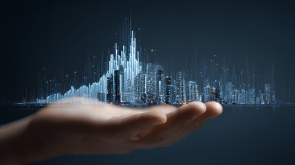 Business hand showing futuristic skyline with finance graph, smart city concept, economic growth, investment planning, real estate tech, digital economy, data trend.