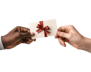 Hands exchanging a gift card with ribbon