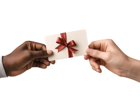 Hands exchanging a gift card with ribbon